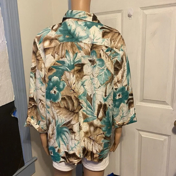 Y2K Womens 16 Linen Blend Chore Shirt Jacket Button Up Roll tap 4Pockets Floral - Picture 8 of 9